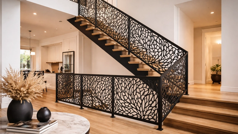 Custom laser cut metal panels used as fence infill panels between aluminum posts