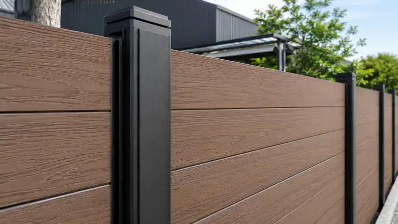 Black aluminium composite fence posts supporting composite fence panels showing strong structure and long-term stability