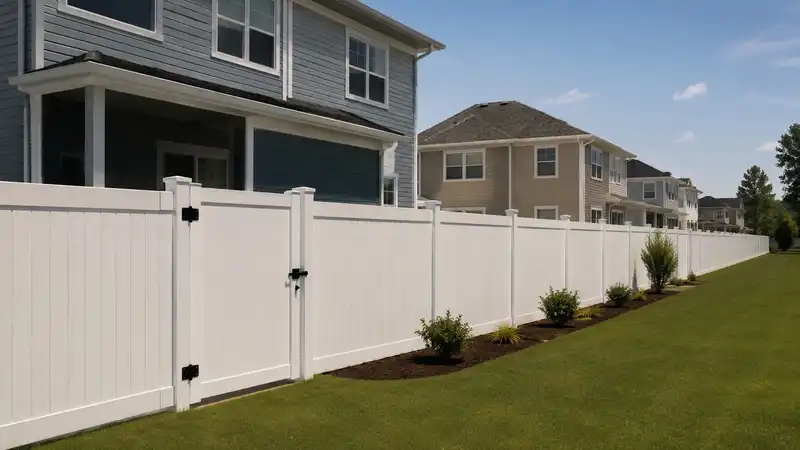 White PVC low maintenance privacy fence installed around a residential development