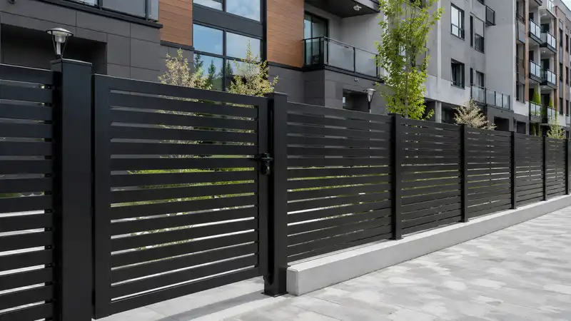 Powder coated aluminum low maintenance fence for a coastal pool and residential boundary
