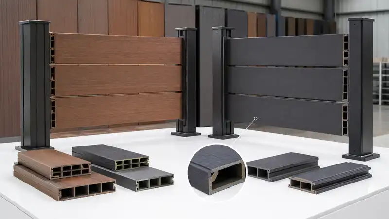 Traditional WPC fence board compared with co-extruded WPC fencing with a protective outer layer