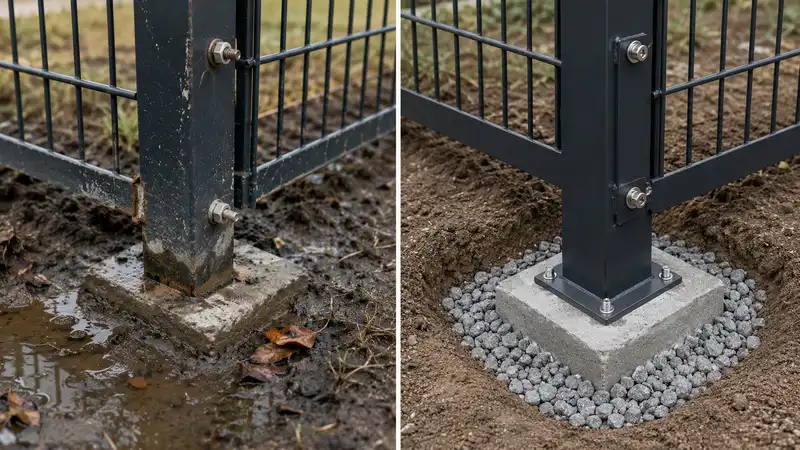 Incorrect versus correct low maintenance fence installation details for cut edges, fasteners, and post drainage