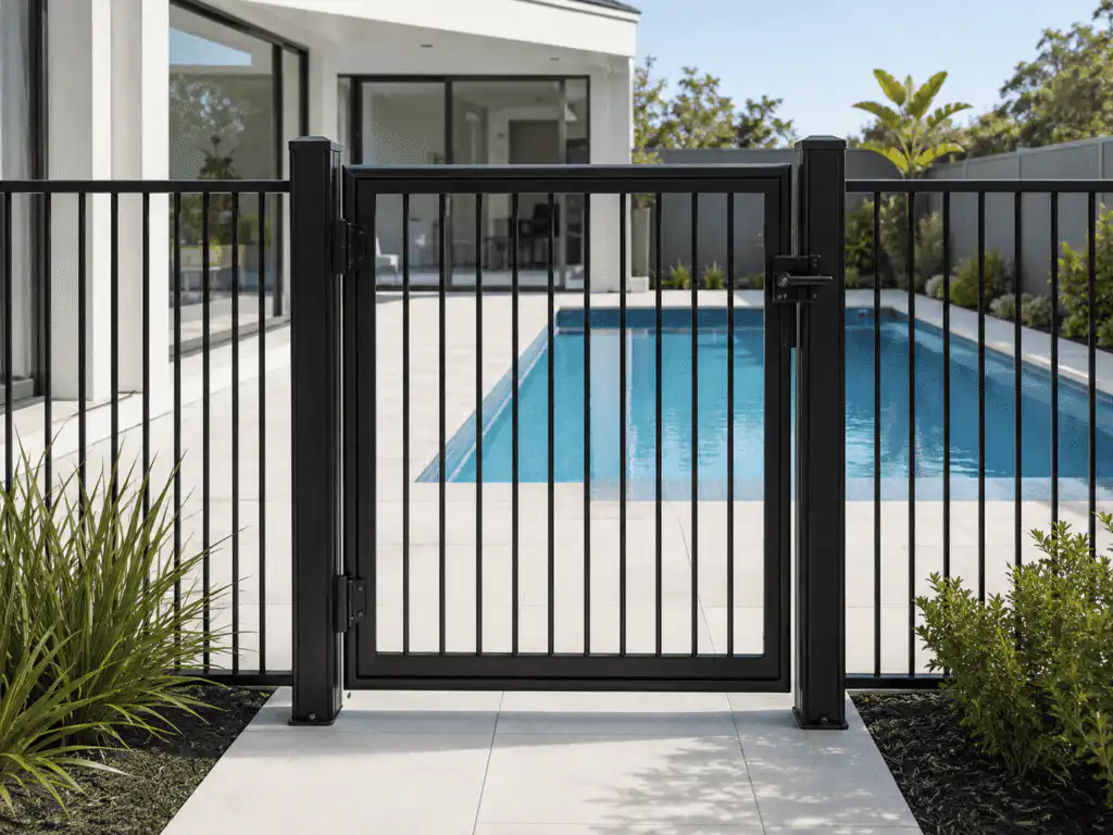 pool fence gate for aluminium, tubular, blade, batten, and PVC fencing systems