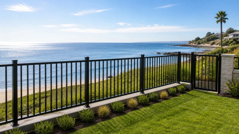 Black powder-coated aluminum fence installed at a coastal property