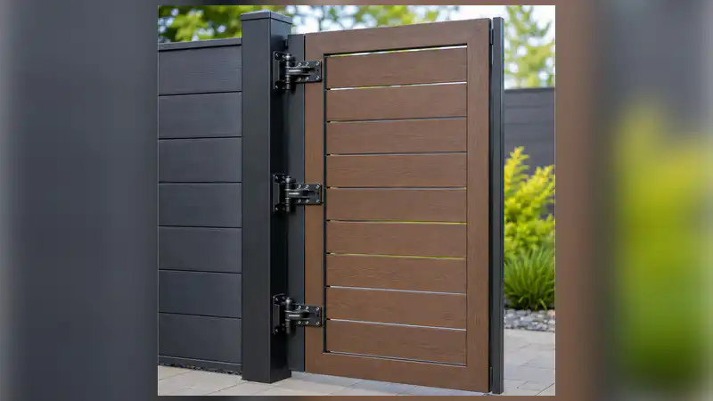 Composite garden gate fitted with three adjustable heavy-duty hinges