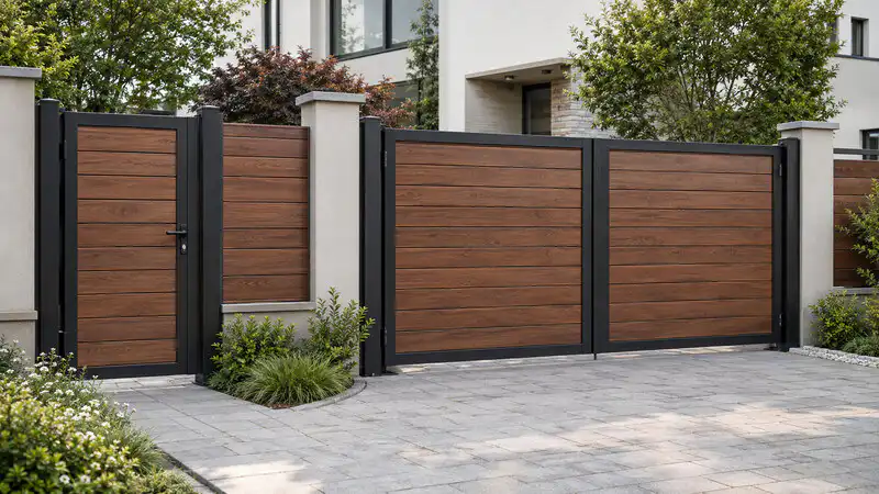 Walking gate and double swing composite driveway gate with matching fence panels