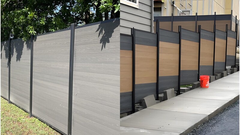 Horizontal fence on level ground and on sloped ground