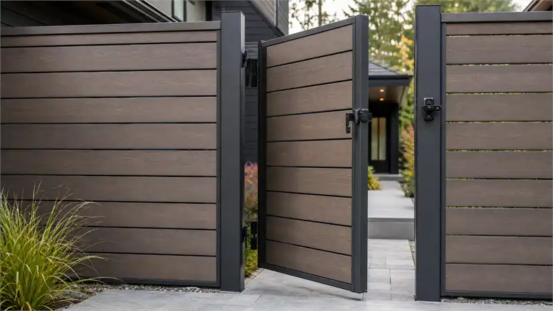 Tall WPC privacy gate with reinforced aluminum posts and internal metal frame