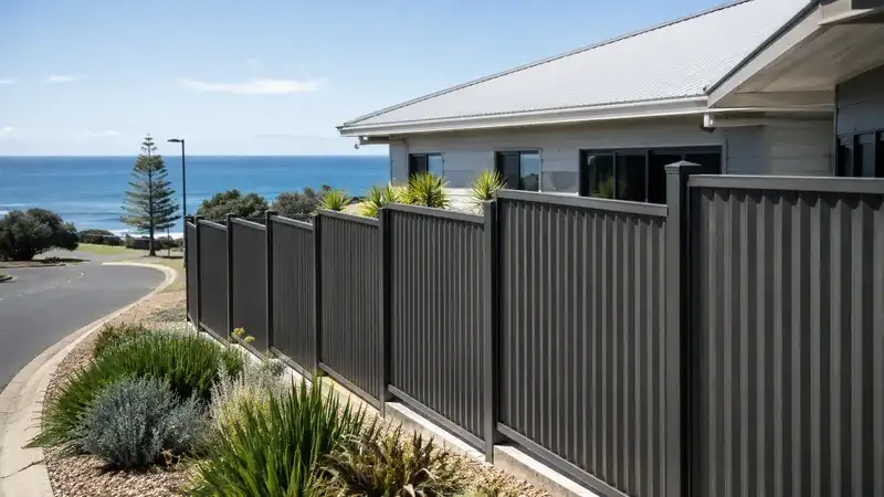 Colorbond-style steel fence installed in a coastal residential area